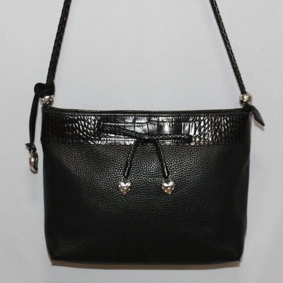Brighton Black Leather Shoulder Bag Croc Pattern Trim Bow with Hearts - Picture 1 of 16